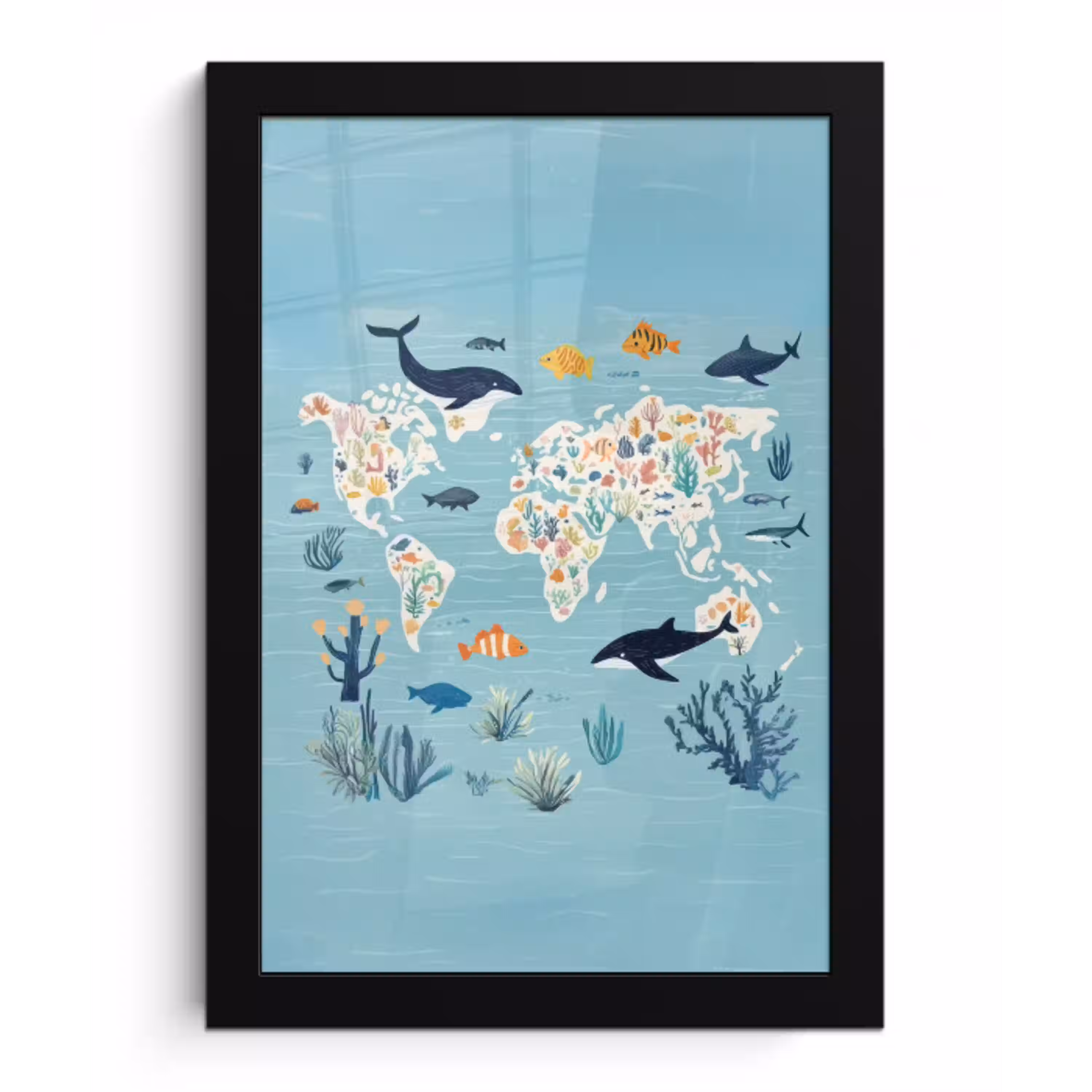 Wereldkaart - Zeeleven - Blauw fotolijst zwart zonder passe partout klein -3d