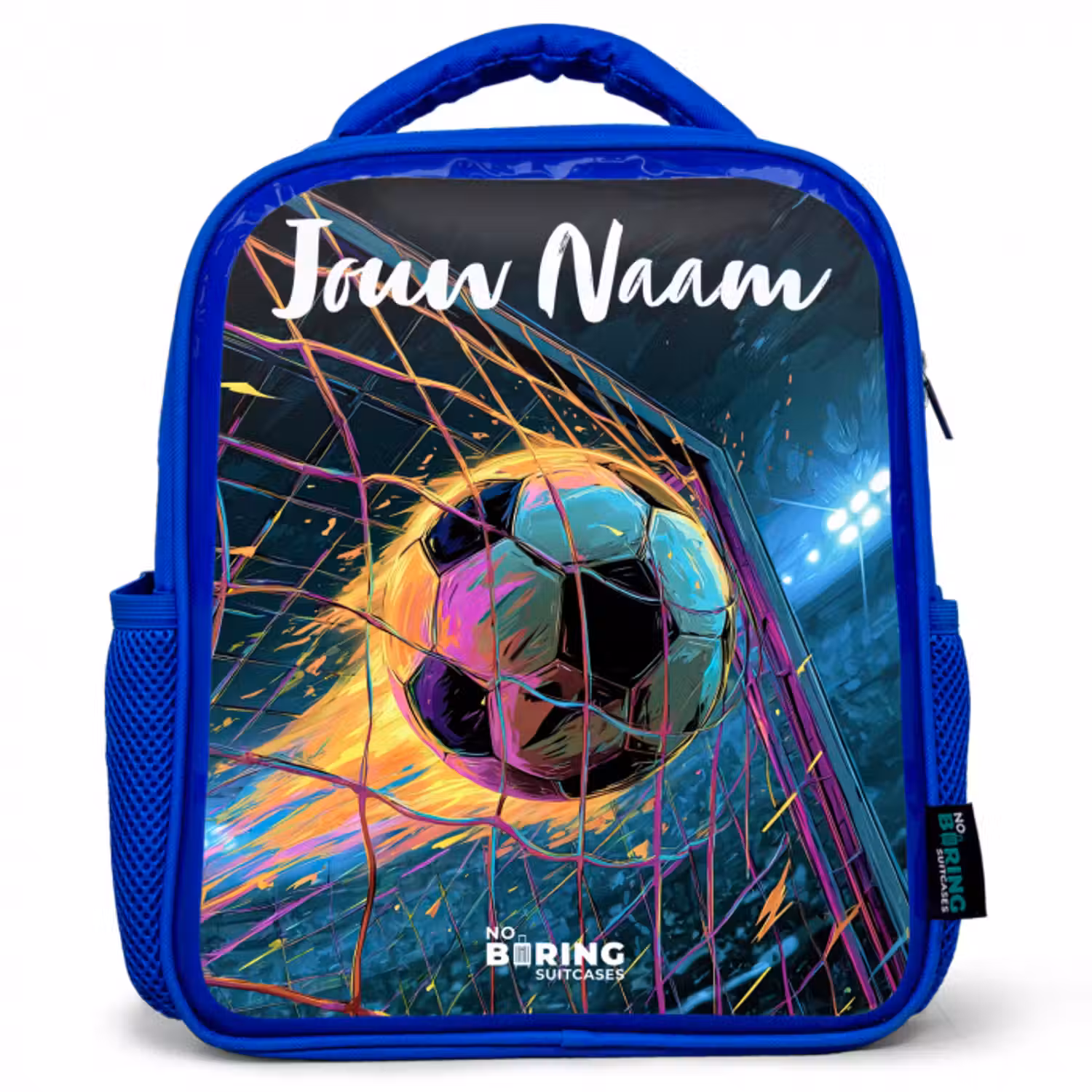Kinderrugzak met naam - Blauw - Neon - Net - Voetbal - Kleurrijk
