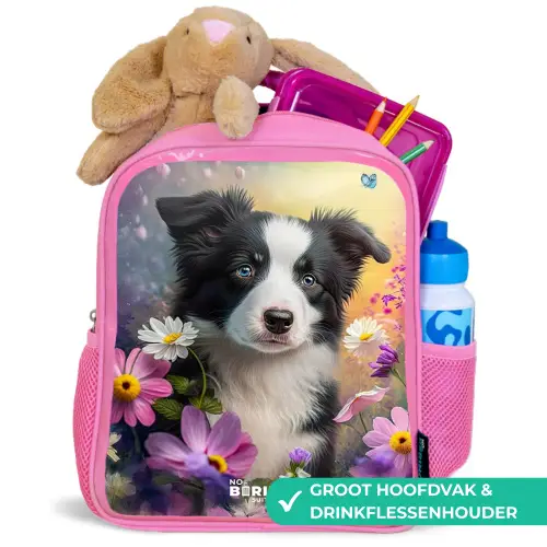 zwart witte puppy tussen kleurrijke bloemen Kinderrugzak - Roze middel -inhoud_NL