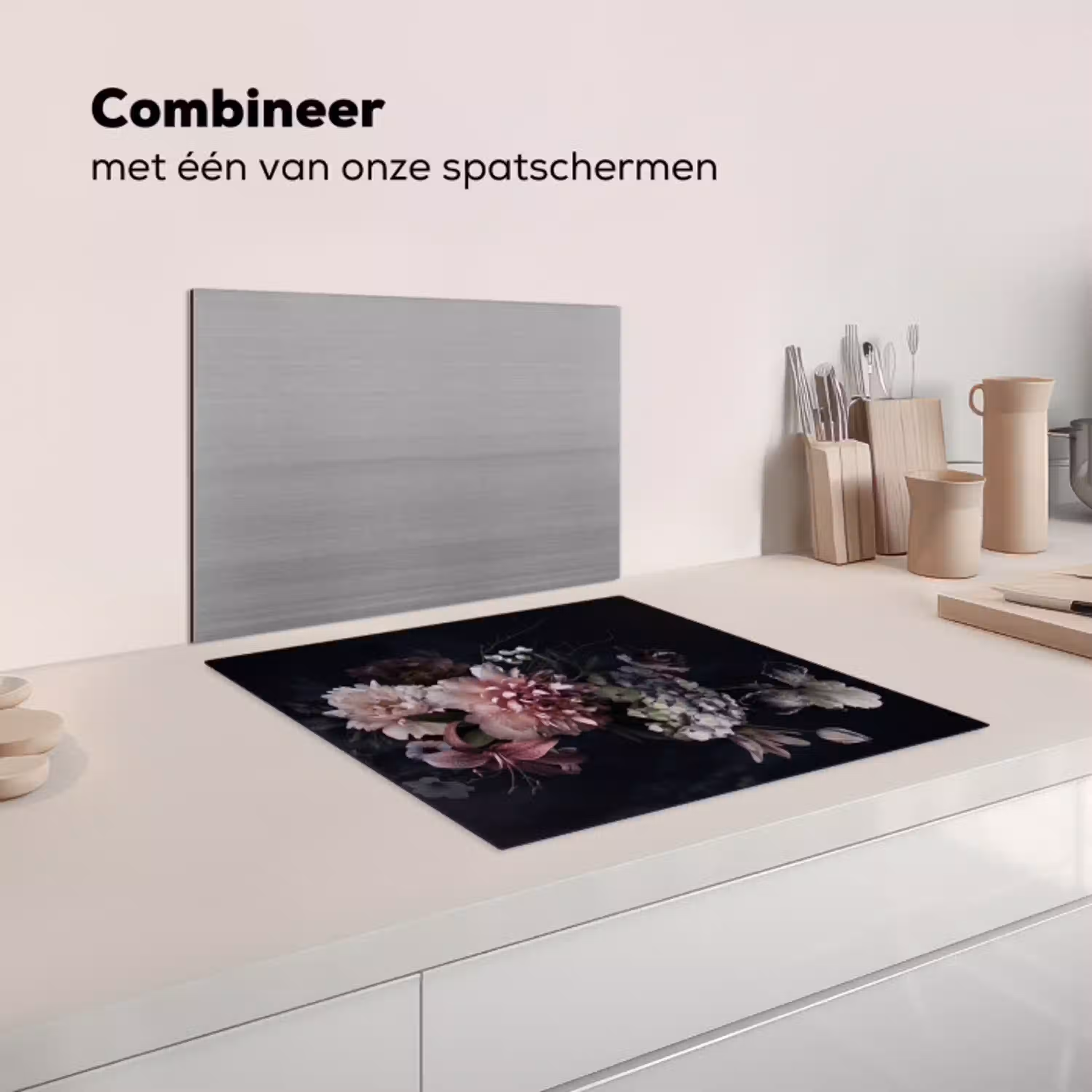 Bloemen - Vintage - Pastel - Zwart - Boeket Inductie beschermer vinyl 3mm middel -wsfeer7_website