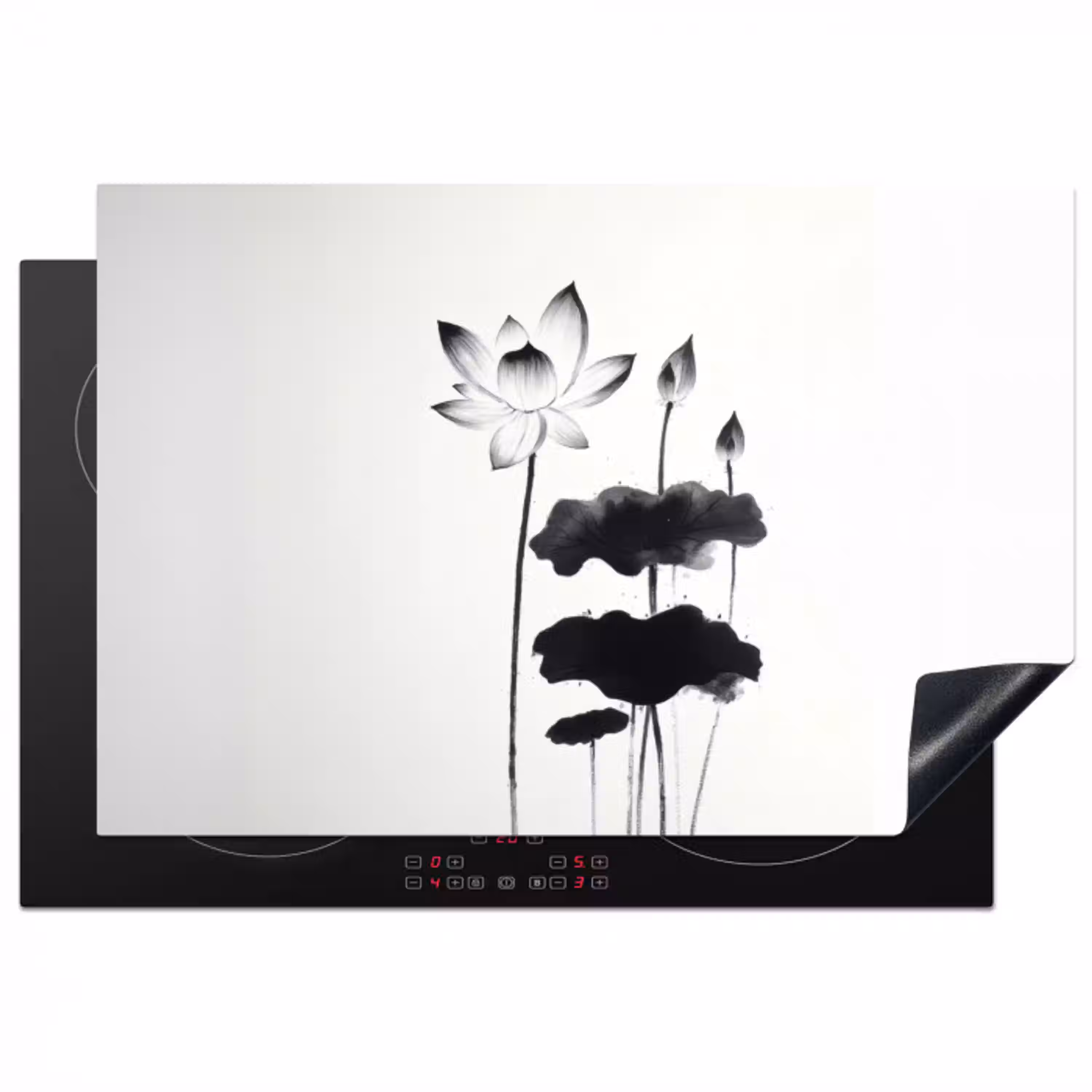 Bladeren - Zwart - Lotusbloem - Minimalitisch Inductie beschermer vinyl 3mm klein -3d