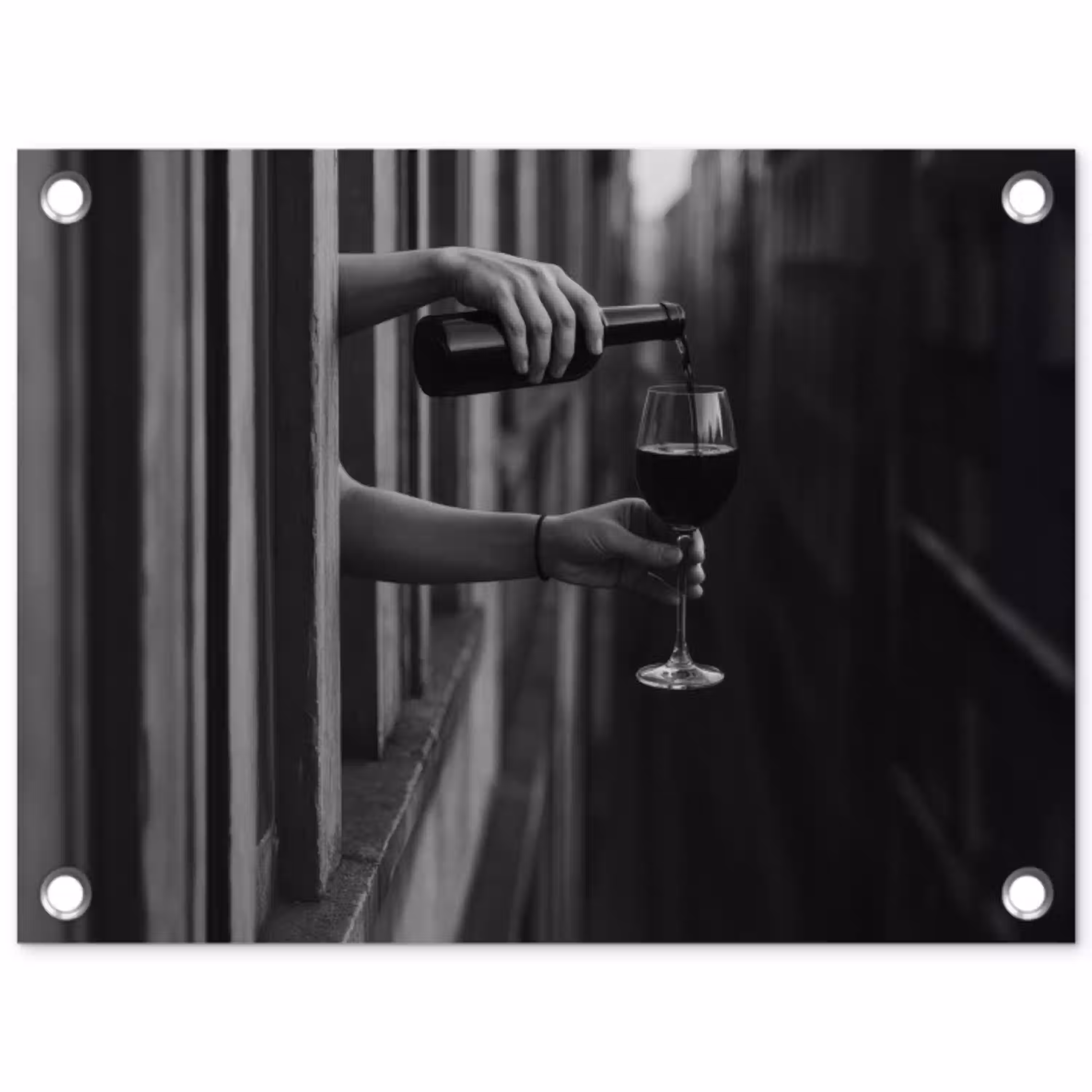 Wijnfles - Glas - Handen - Raam tuinposter los doek klein -3d