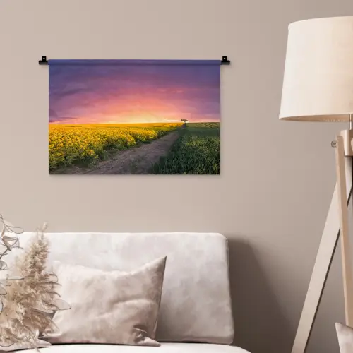 Bloemen - Weg - Lucht - Geel - Paars - Zonsondergang - Natuur Wandkleed katoen klein -sfeer4