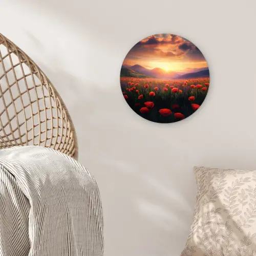 Landschap - Zonsondergang - Bloemenveld Wandcirkel kunststof plaat 5mm dik klein -sfeer5