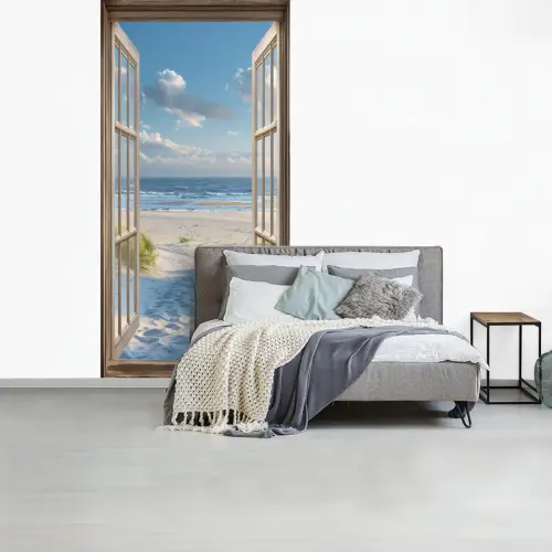 Doorkijk - Strand - Raam - Duinen - Zee fotobehang vinyl groot -slaapkamer
