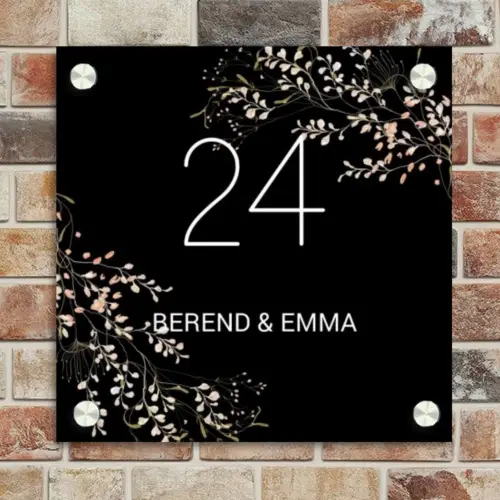 Botanisch - Zwart - Klassiek Naambord Vierkant klein -sfeer2