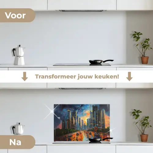 Auto - Skyline - Zon - Blauw keuken achterwand spatscherm klein -voor_na_NL