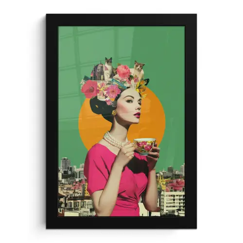 Retro - Vrouw - Stad - Zon fotolijst zwart zonder passe partout klein -3d