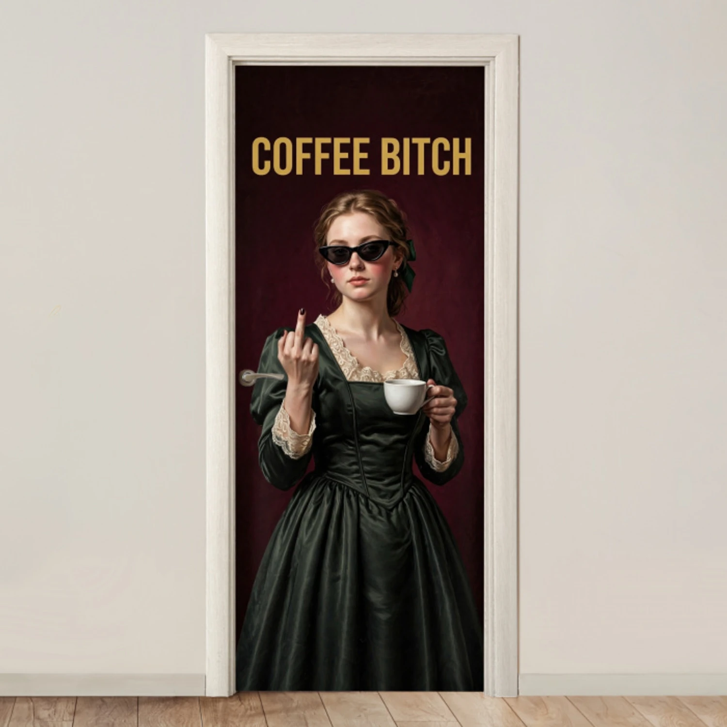 Koffie - Vrouw - Middelvinger deurposter klein -3d_beige
