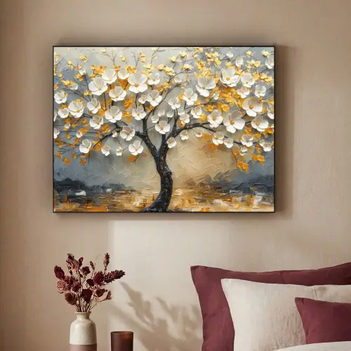 Boom - Bloemen - Goud - Beige Textielframe - compleet frame klein -sfeer1