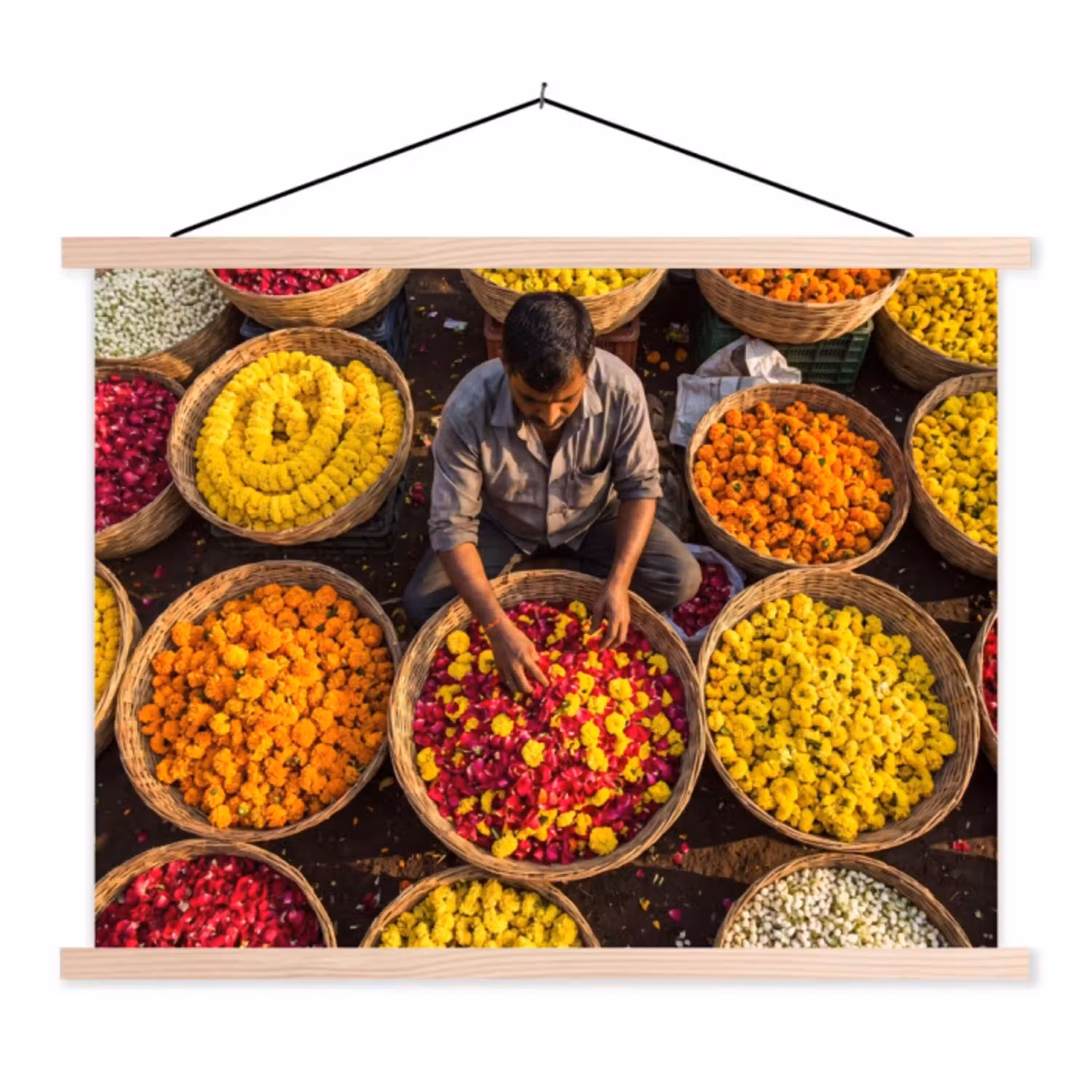 Bloemen - Markt - Kleurrijk textielposter latten blank klein -3d