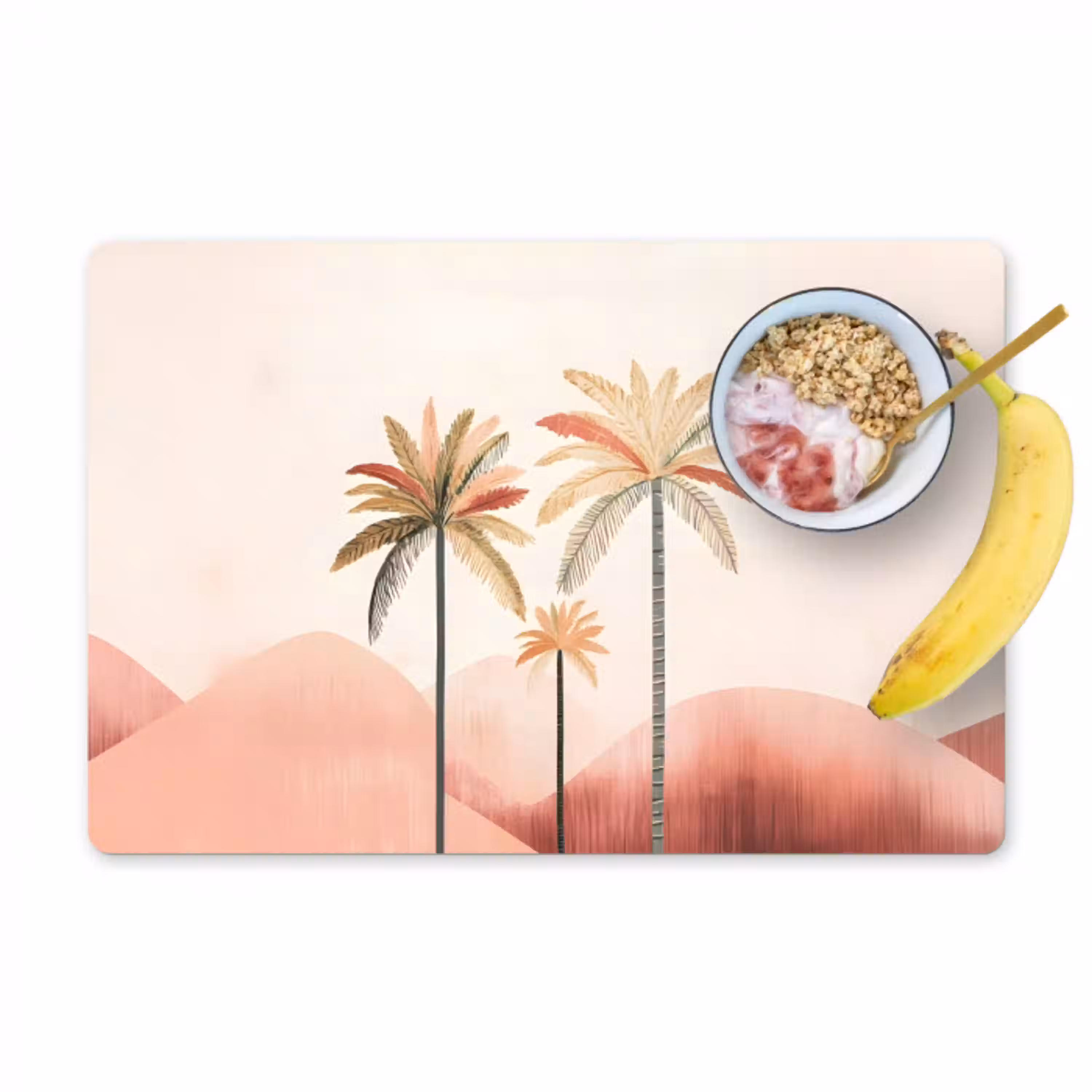 Palmbomen - Heuvels - Minimalistisch - Zachtroze Placemat vinyl groot -zzzproduct_Kitchenyeah-website