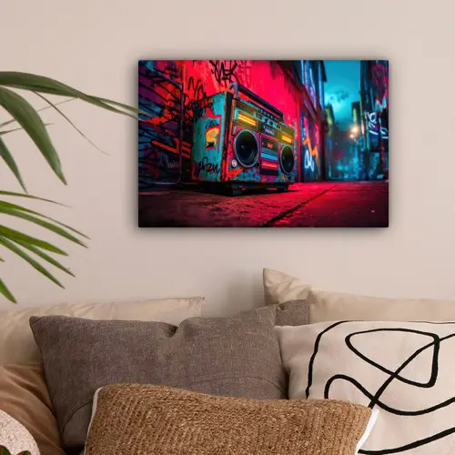 Boombox - Rood - Graffiti - Neon canvas 2cm klein -sfeer1