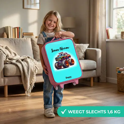 Monstertruck op Lichtblauwe Achtergrond Kinderkoffer - Roze klein -sfeer2_NL