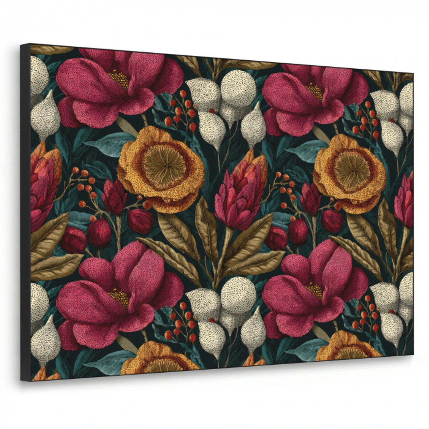 Bloemen - Patroon - Rood - Goud Textielframe zwart klein 947 -3d