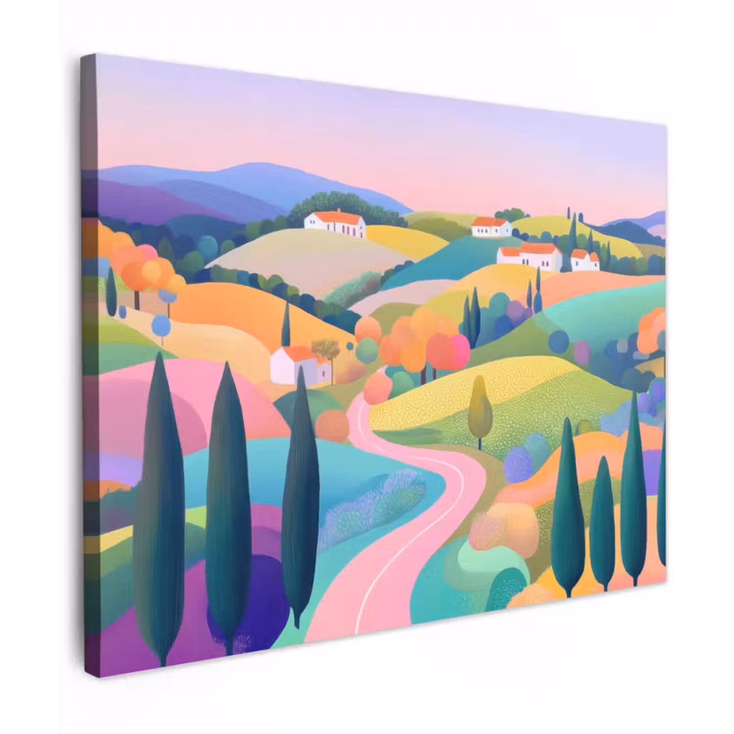 Canvas schilderij - Landschap - Paars - Pastel - Huizen