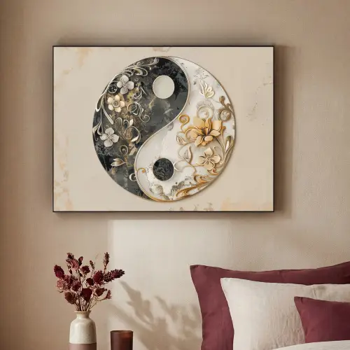 Yin Yang - Bloemen - Zwart - Wit - Vintage Textielframe zwart klein -sfeer1