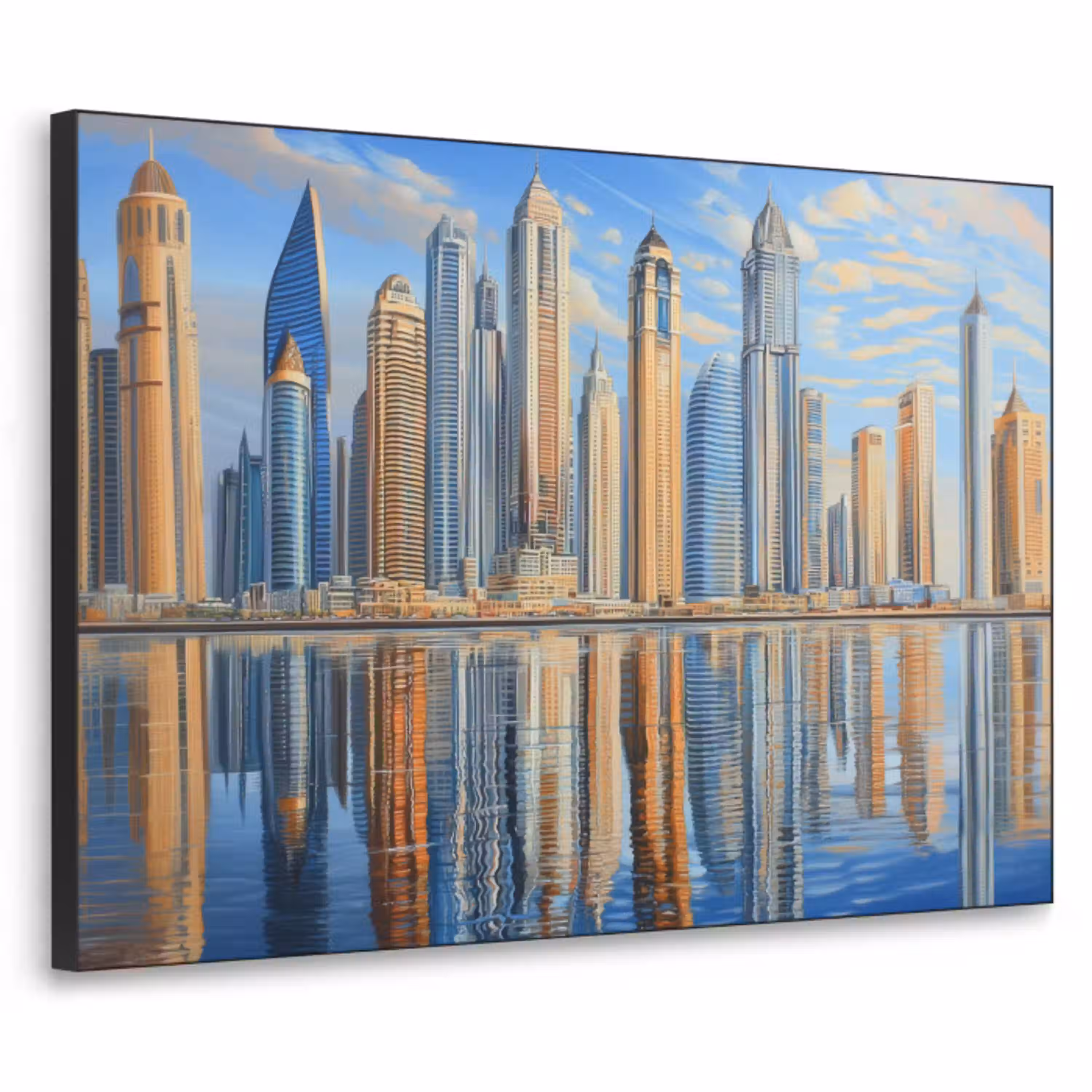 Skyline - Wolkenkrabbers - Water - Blauw Textielframe - compleet frame klein -3d