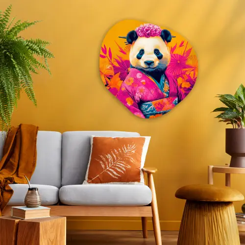 Kimono - Roze - Panda - Bloemenkroon Wandcirkel Organisch Aluminium middel -sfeer4