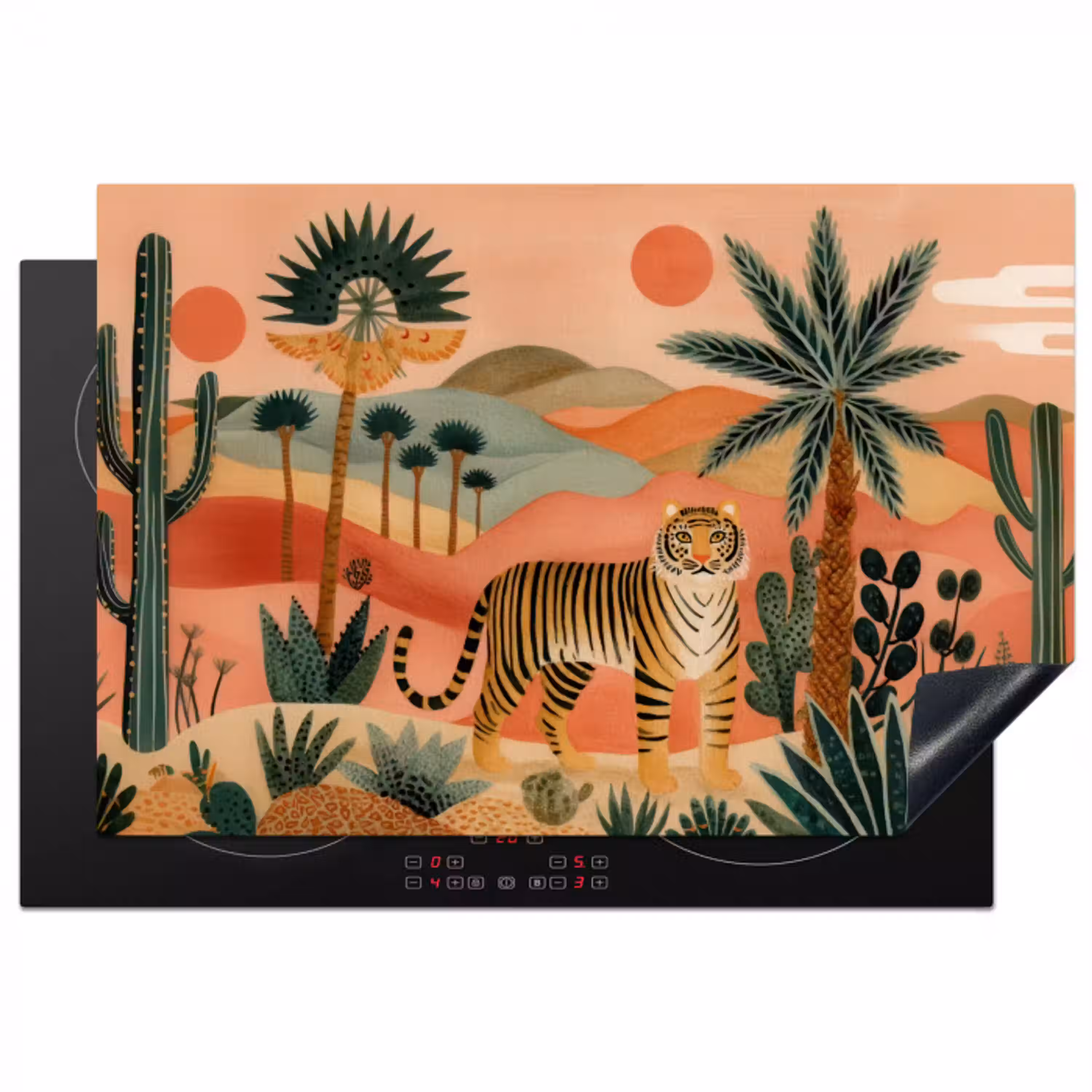 Tijger - Palmen - Cactus - Oranje Inductie beschermer vinyl 3mm klein -3d