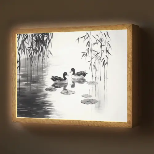 Eenden - Waterlelies - Riet - Zwart Light Box met batterij (Wandlamp) middel -z3d_website