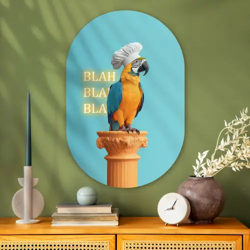 Papegaai - Koksmuts - Quote - Neon Wandcirkel Ovaal Glas middel -sfeer2