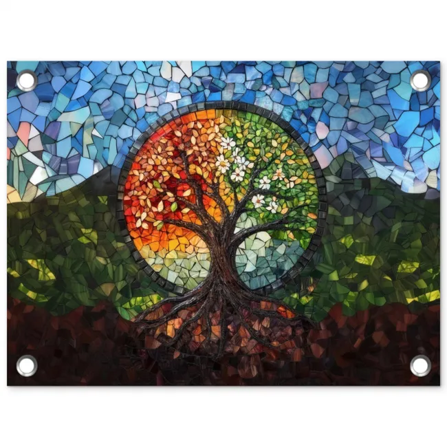 Boom - Seizoenen - Mozaïek - Bergen tuinposter los doek klein -3d