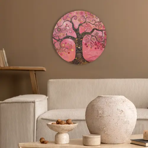 Boom - Levensboom - Roze - Goud Akoestische PET Vilt - Rond klein -sfeer1