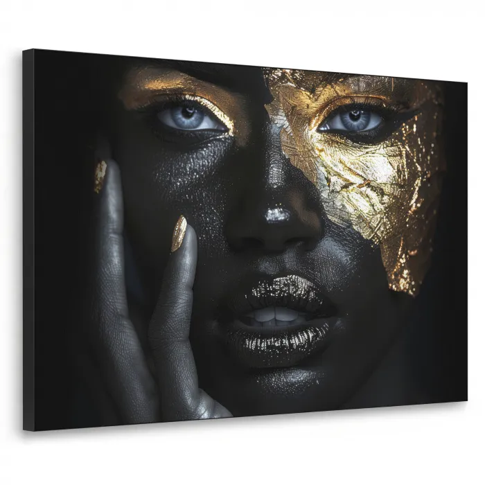 Vrouw - Goud - Portret - Modern - Zwart - Abstract Textielframe zwart klein -3d