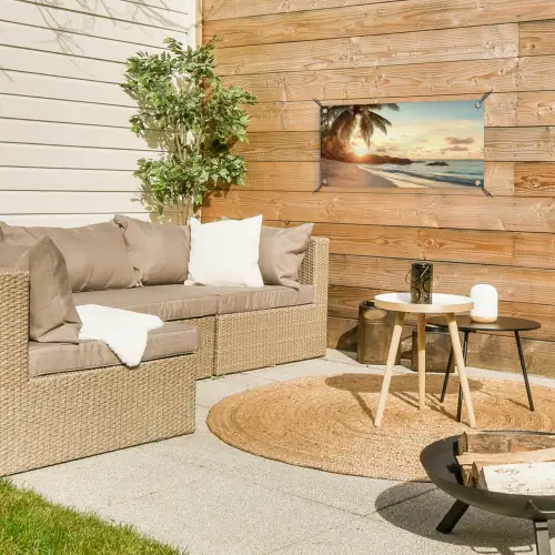Strand - Palmbomen - Oceaan - Zonsondergang tuinposter los doek klein -sfeer4