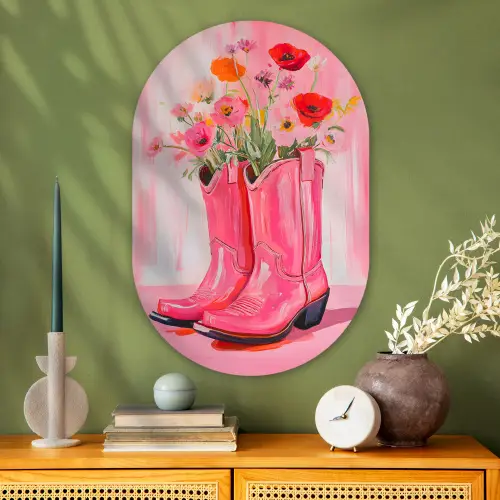 Roze - Bloemen - Cowboy Wandcirkel Ovaal Glas middel -sfeer2