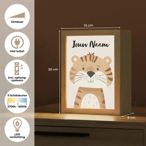 Tijger - Wilde dieren - Pastel Light Box met kabel (Kinderlampje) klein -USP_NL