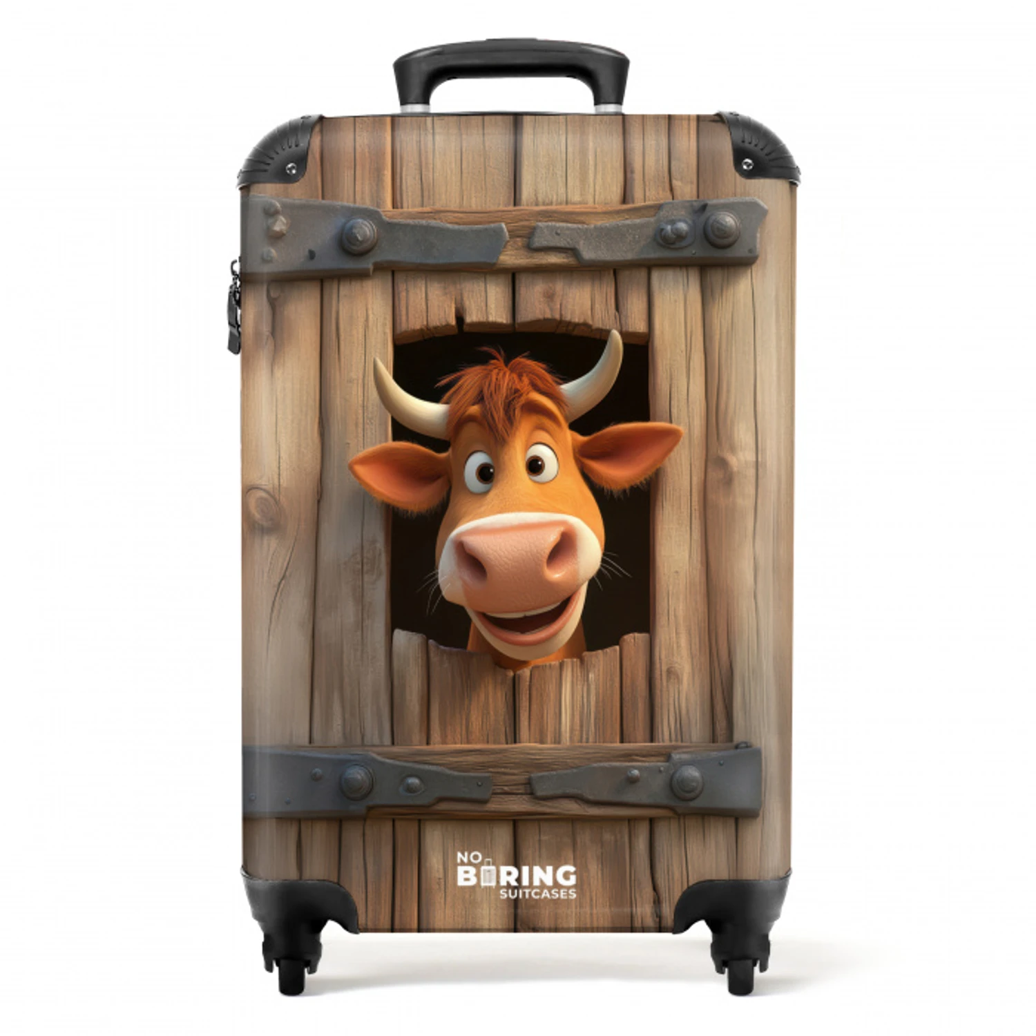 Bruine stier steekt hoofd door houten deur NBS - Handbagage koffer - Kinderen Unisex middel -productfoto_recht
