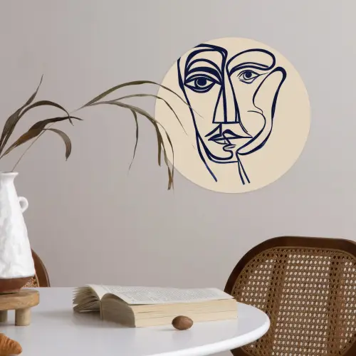 Minimalistisch - Lijnillustratie - Beige - Donkerblauw Wandcirkel behangsticker klein -sfeer3