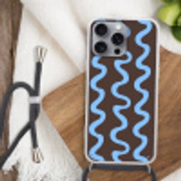 Kronkelende lijnen - Blauw - Bruin - Minimalistisch Hoesje iPhone 16 Pro Max met koord klein 804 -sfeer4