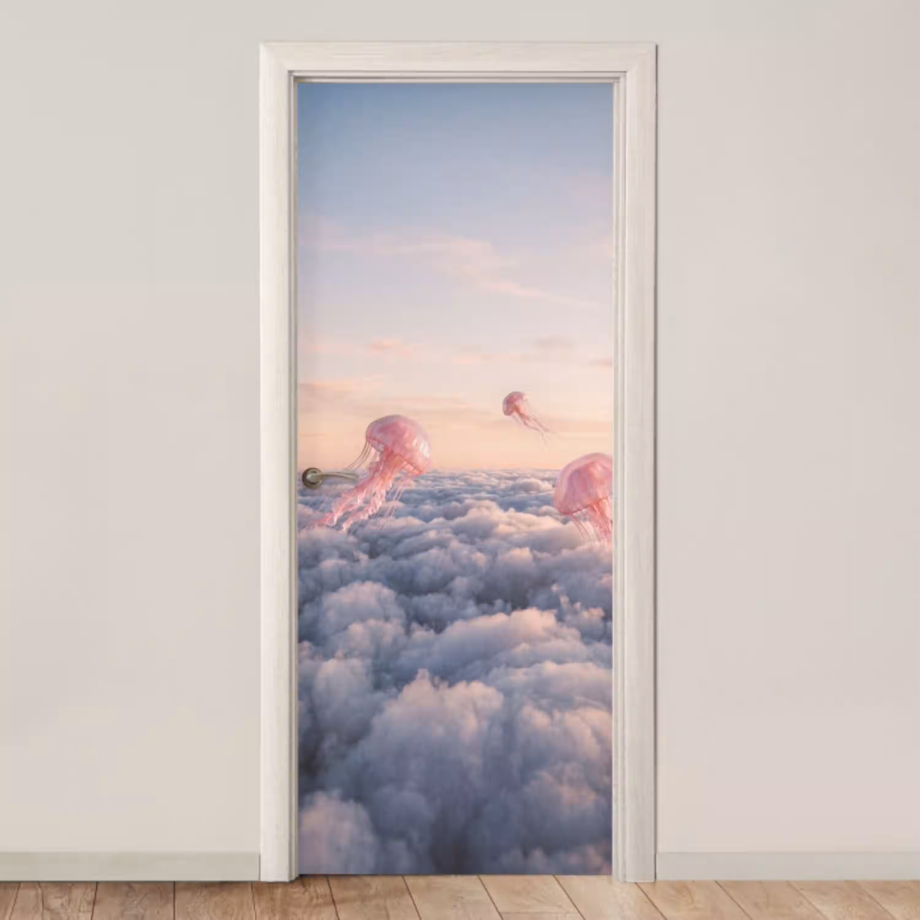 Roze dier - Wolken deurposter klein -3d_beige