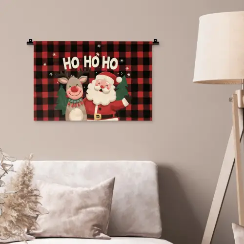 Kerstman - Rendier - Tekst - Rood - Zwart Wandkleed katoen klein -sfeer4