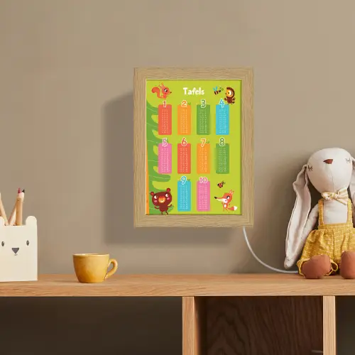 Tafels van vermenigvuldiging - Leren rekenen voor kinderen - Cijfers oefenen - Bosdieren - Groen Light Box met kabel (Wandlamp kind) klein -sfeer2_kind