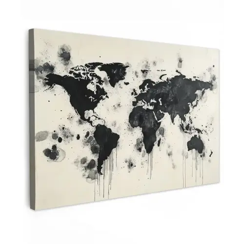 Wereldkaart - Zwart - Inkt canvas 2cm klein -z3d