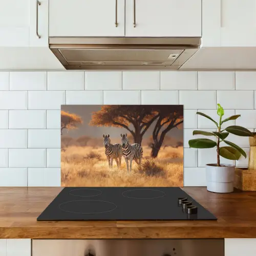 Zebra's - Savannelandschap - Gras keuken achterwand spatscherm klein -sfeer2
