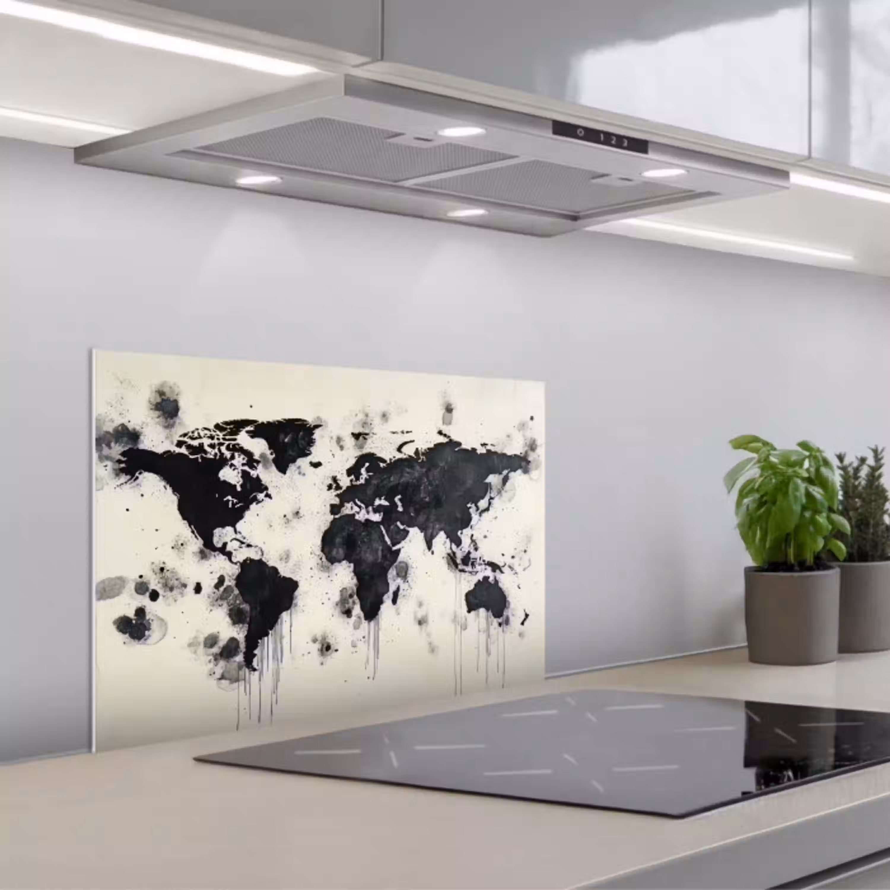 Wereldkaart - Zwart - Inkt keuken achterwand spatscherm klein -3d_schuin