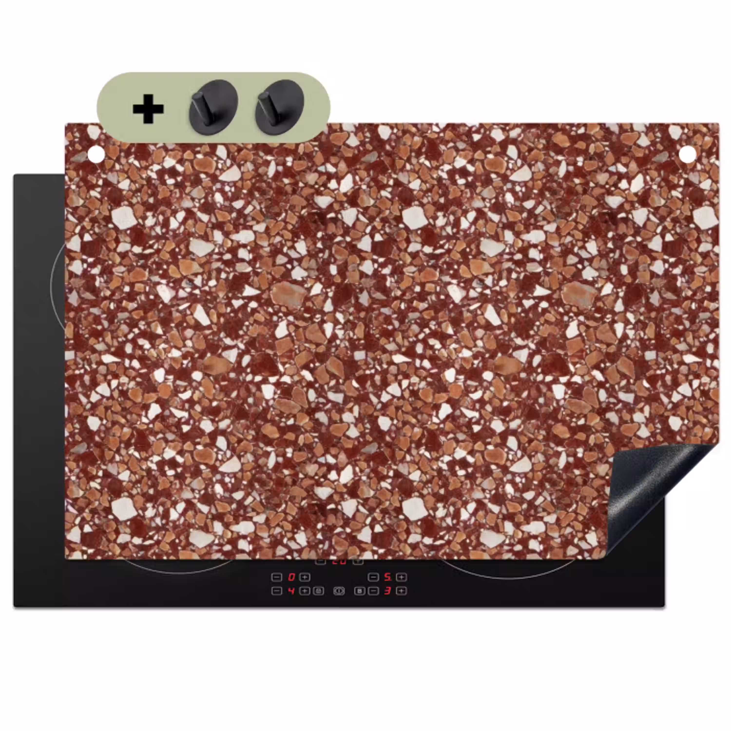 Terrazzo - Patroon - Steentextuur - Roodbruin Inductie beschemer met haakjes klein 777 -3d