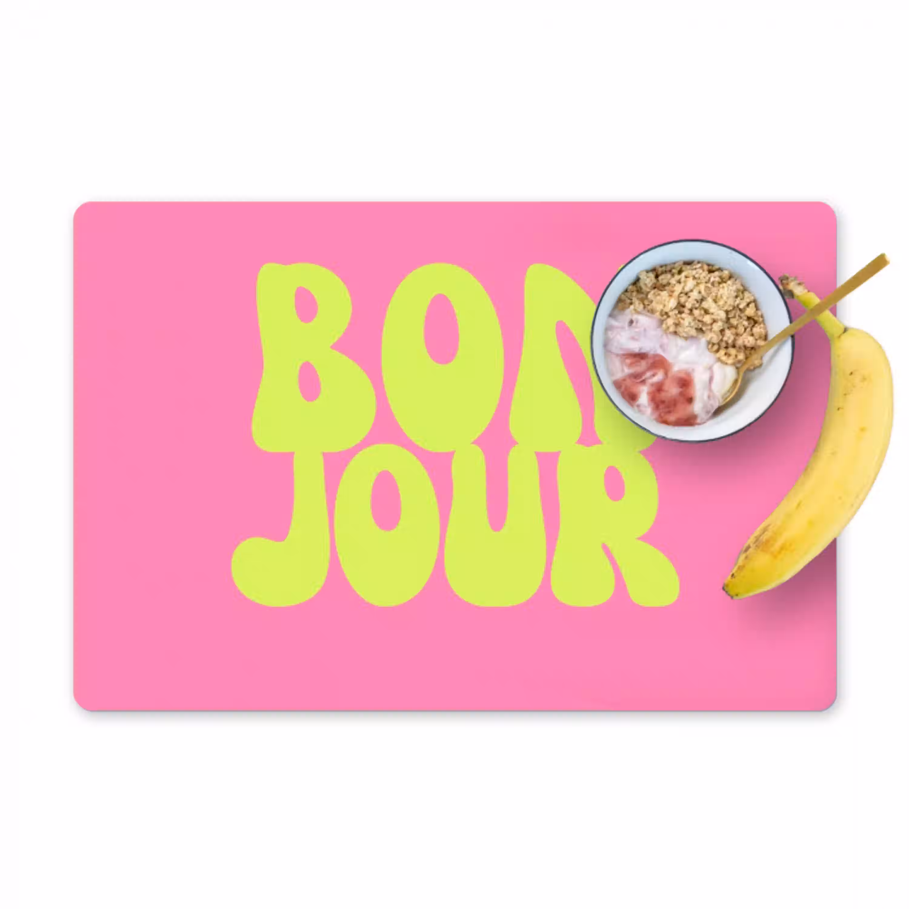 Bonjour - Roze - Fel groen Placemat vinyl groot -zzzproduct_Kitchenyeah-website
