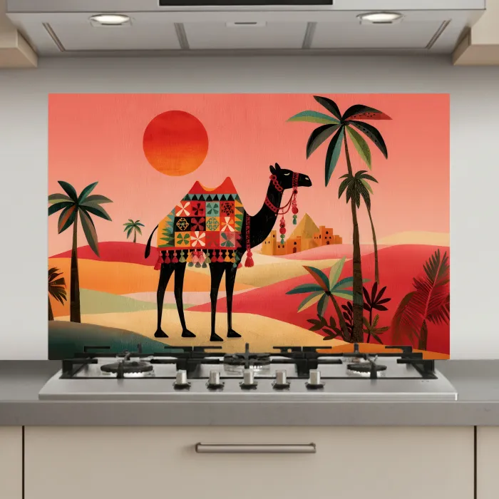 Kameel - Gekleurd tapijt - Duinen - Rode zon keuken achterwand spatscherm klein -3d_website