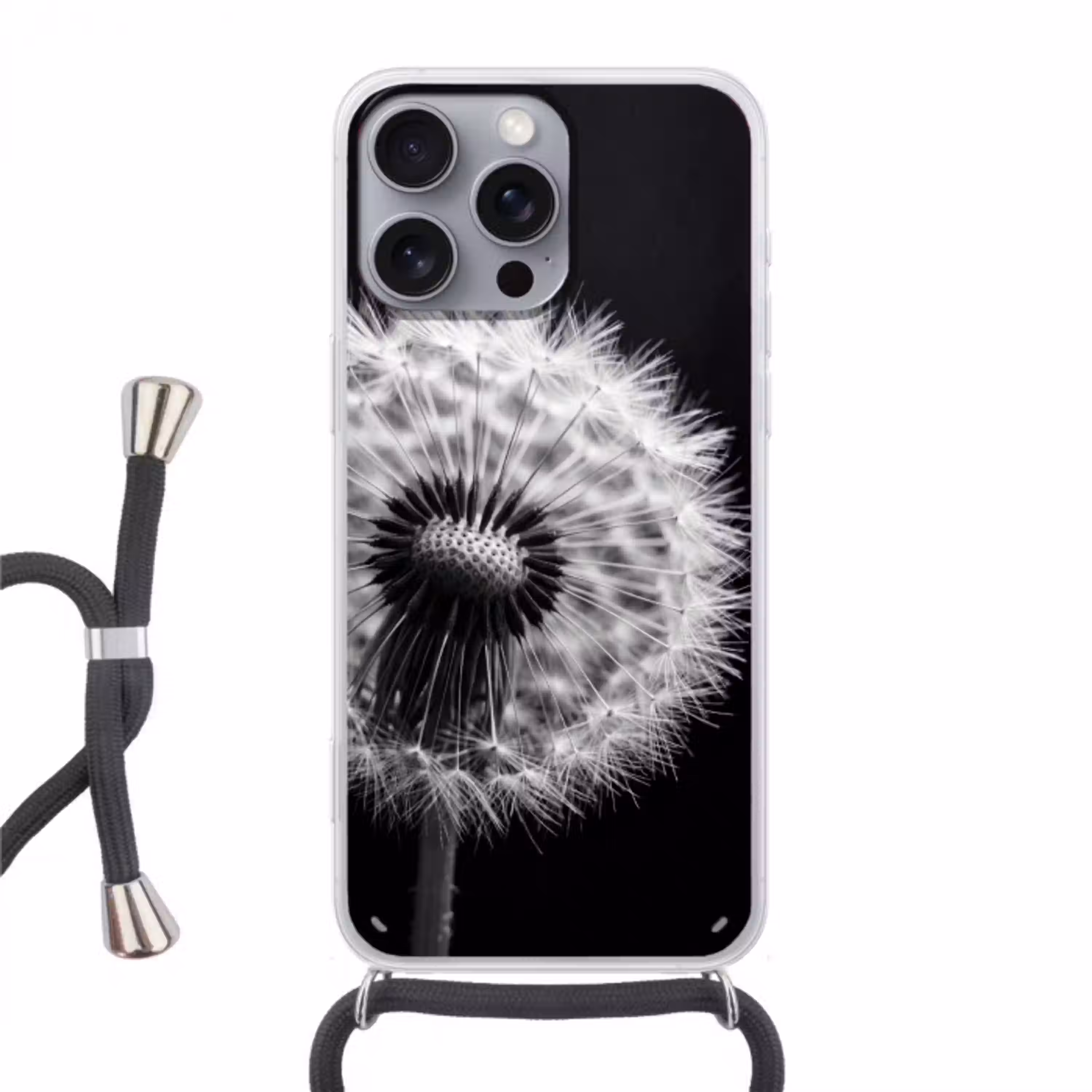 Paardenbloem - Zwart - Wit Hoesje iPhone 16 Pro Max met koord klein -3d