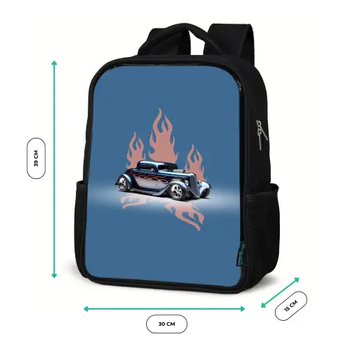 Blauwe auto met roze vlammen Rugzak - Zwart middel -productfoto_formaten