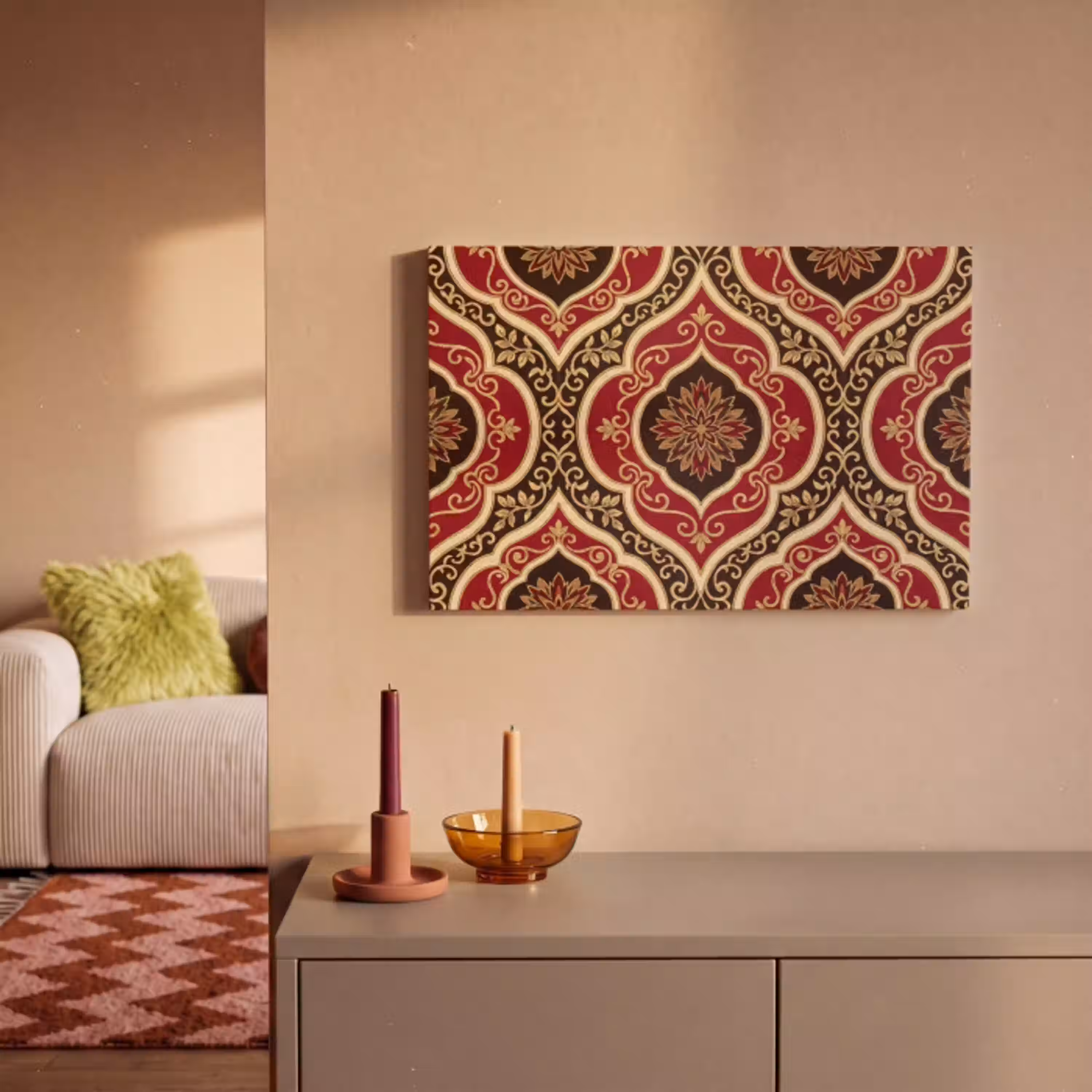 Patroon - Ornament - Barok - Rood - Goud canvas 2cm klein -sfeer1