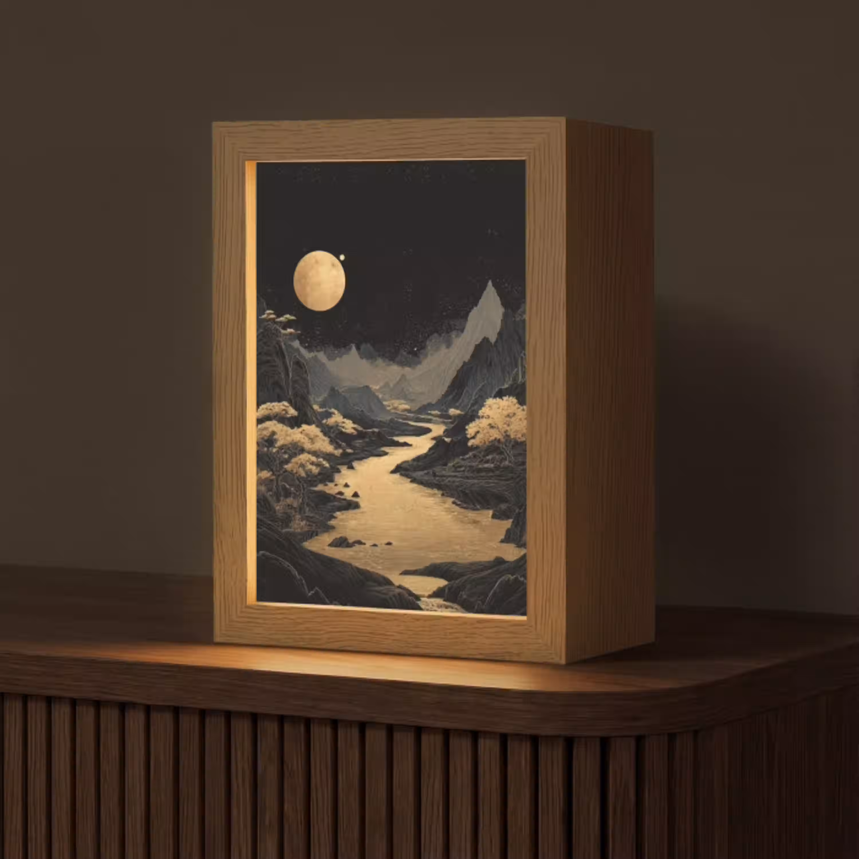 Gouden rivier - Bergen - Maan - Sterrenhemel Light Box met kabel (Tafellamp) klein -z3d_website