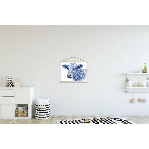 Illustratie - Koe - Blauw textielposter latten blank klein -kinderkamer
