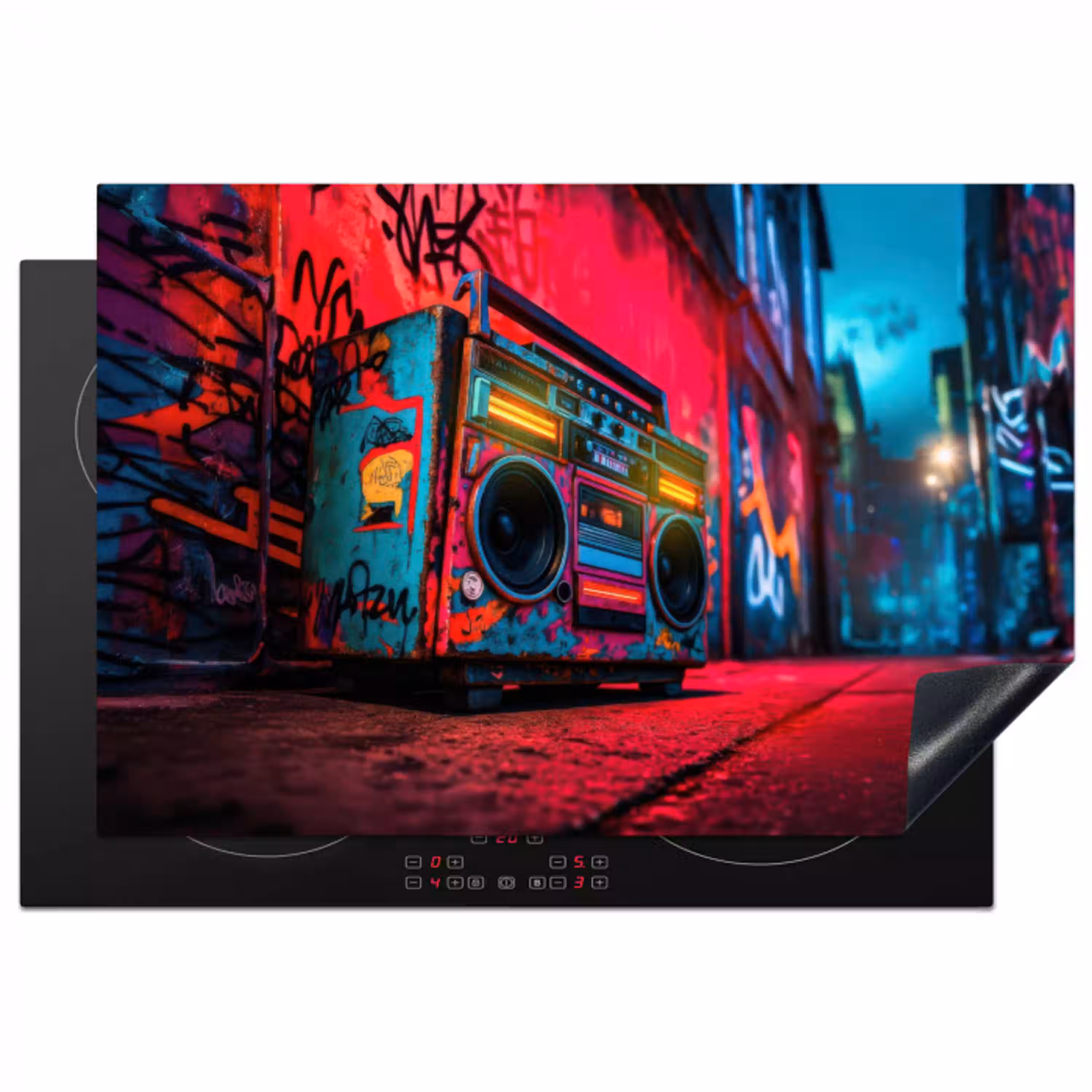 Boombox - Rood - Graffiti - Neon Inductie beschermer vinyl 3mm klein -3d